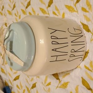 Rae Dunn, "Happy Spring" Canister Jar with Baby Blue Lid.